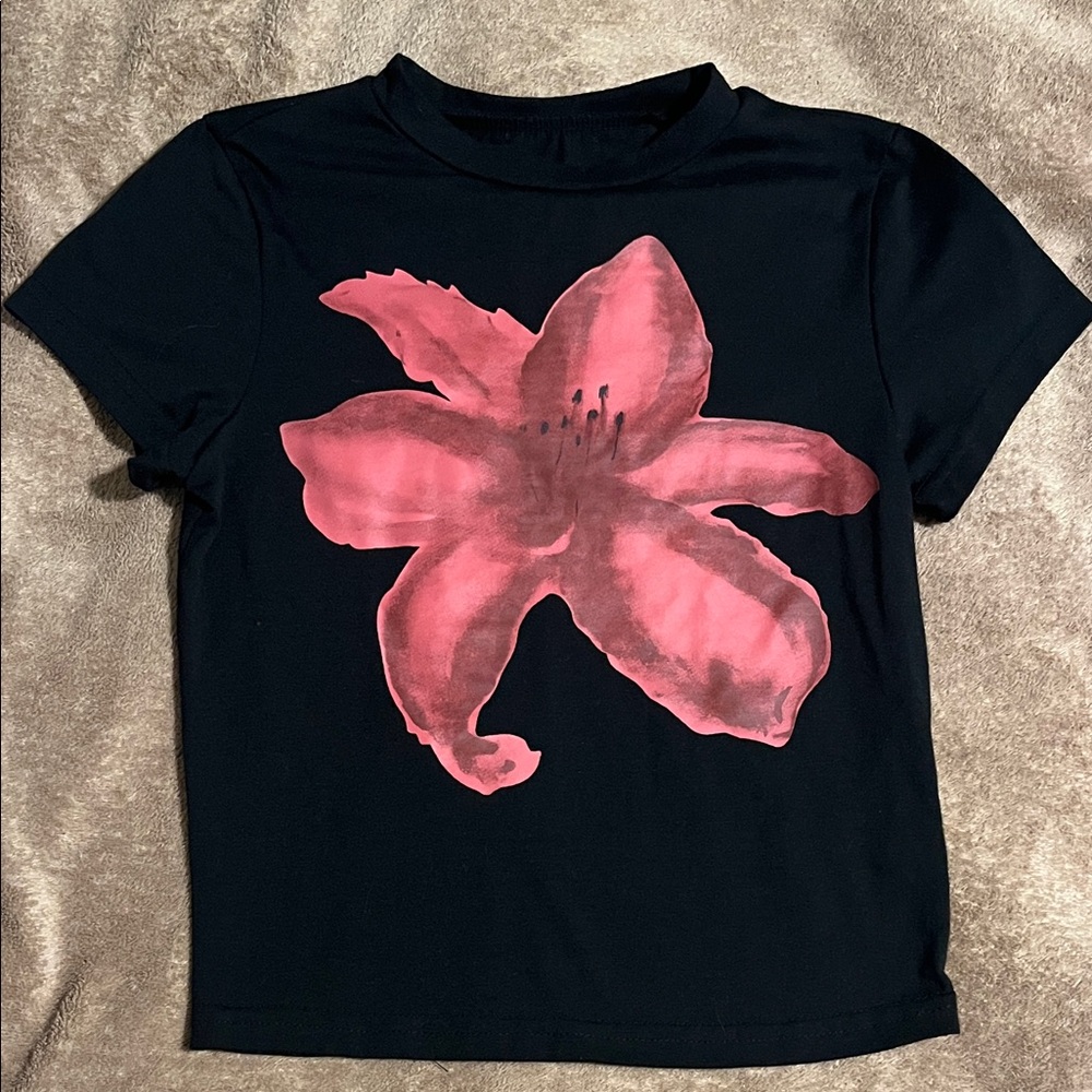 Black Shirt with Pink Flower Design